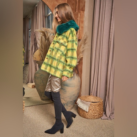 🔵 145B. Fuzzy Multi Plaid Button Front Jacket - Yellow/Green - Picture 5 of 6